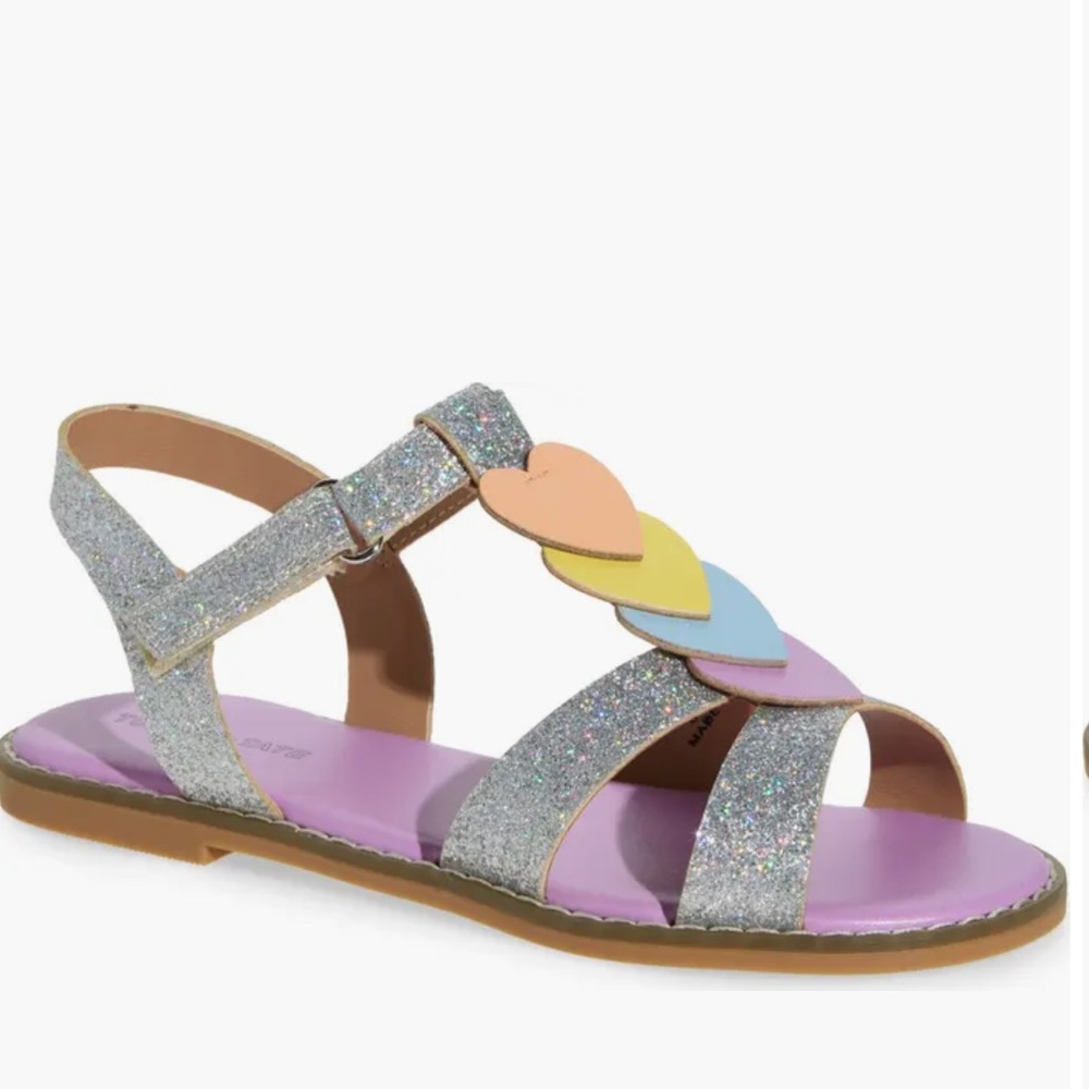 Tucker + Tate Girls Glitter Heart Sandals Size 2 Silver Rainbow Toddler